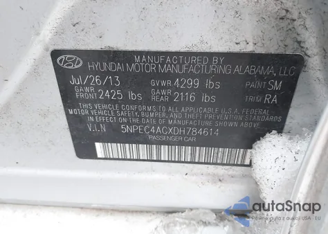 2013 Hyundai Sonata Se z USA, uszkodzony, nr VIN 5NPEC4ACXDH784614